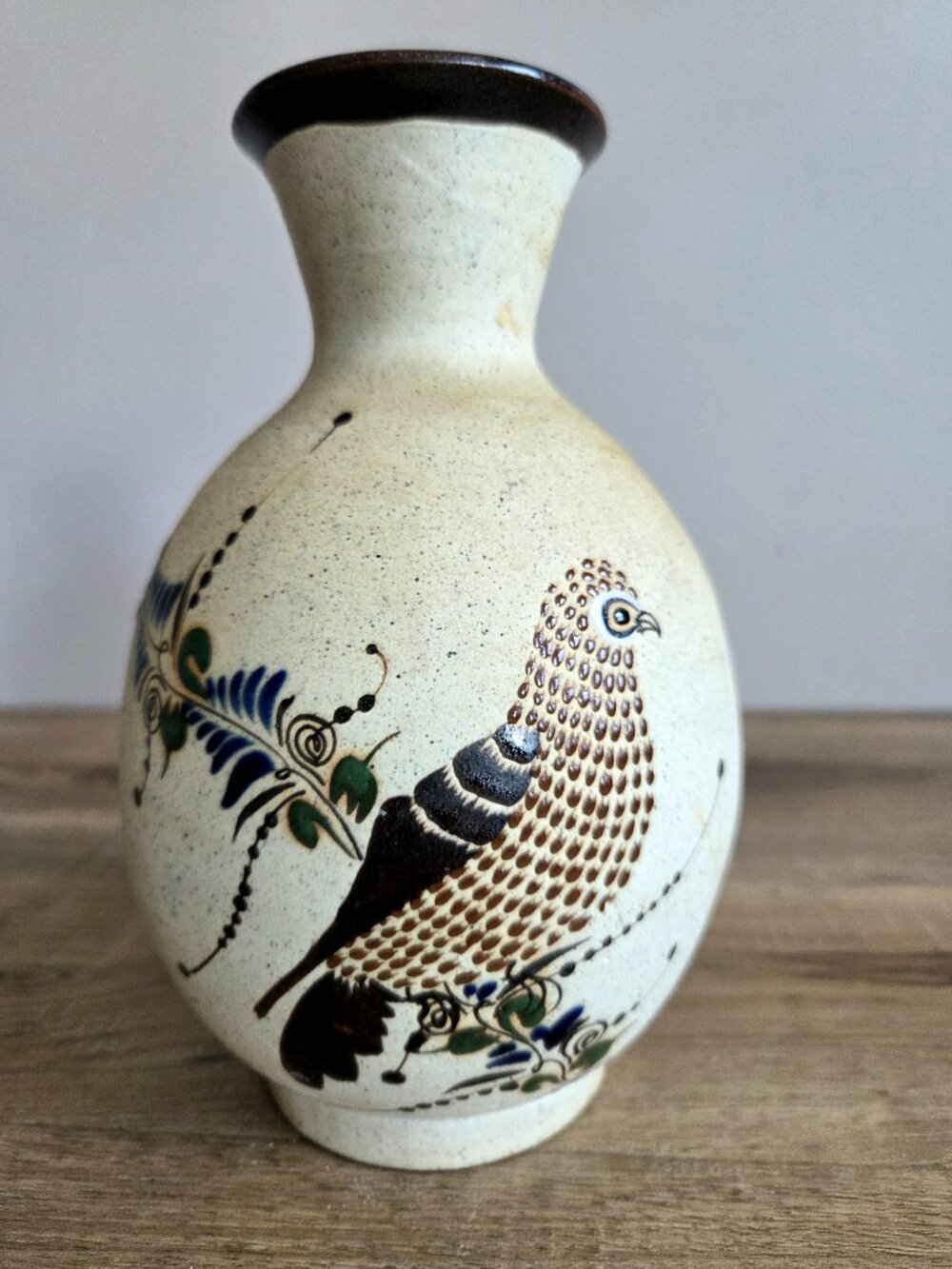 Vintage Handpainted Tonala Mexico Ceramic Vase Bird Floral Design Signed